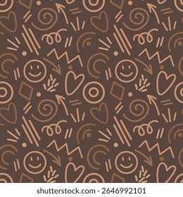 Seamless vector pattern with hand-drawn arrows, spirals, arches, smileys, lines, and diamonds in brown and beige. Modern, minimal design inspired by 80s and 90s geometric and Memphis styles