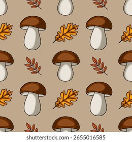 Padrão de vetor sem costura de cogumelos de outono desenhados à mão, folhas de carvalho e ramos com folhas vermelhas em um fundo bege, perfeito para projetos temáticos de queda.