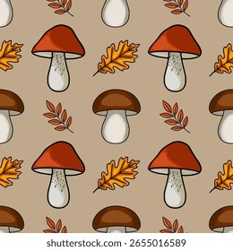 Padrão de vetor sem costura com cogumelos de outono desenhados à mão, folhas de carvalho e ramos em tons terrosos quentes, perfeito para desenhos com tema de queda e impressões têxteis.