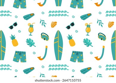  Padrão de vetor sem costura com itens de praia desenhados à mão e de verão como maiôs, nadadeiras e coquetéis em cores vibrantes e planas. Ideal para fundos de férias, tecido, convites e festa alegre 