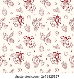 Seamless vector pattern of hand-drawn berries and bows. Minimal doodle illustrations of strawberries, raspberries, currants, blueberries in a playful red design, perfect for fabric, packaging