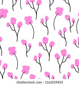Seamless vector pattern with hand-drawn branches of pink flowers on a white background. For printing, textiles, packaging, scrapbooking, children's design