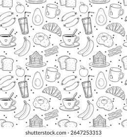 Seamless vector pattern with hand-drawn breakfast food items including coffee, pancakes, eggs, fruits, and toast. Perfect for kitchen textiles, packaging, and cafe designs.
