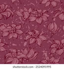 
Seamless vector pattern with hand-drawn brush flowers in dull burgundy tones.