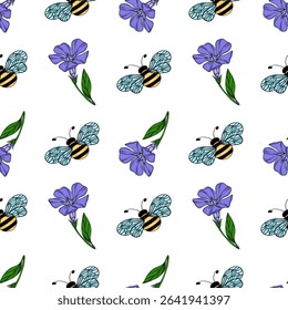 Seamless vector pattern with hand-drawn bumblebees and stylized periwinkle flowers, featuring a vibrant color palette and intricate wing details for textile or wallpaper design.