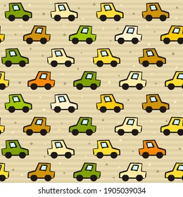 Seamless vector pattern of hand-drawn cars. Striped beige background with multi-colored children's cars and dots. Vector illustration for banner design, web design, covers and backdrops.