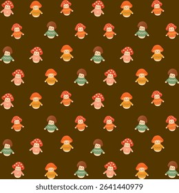 Seamless vector pattern with hand-drawn cartoon mushrooms wearing cozy knitted sweaters. Each mushroom character is unique, with different colors, shapes, and sweater designs.