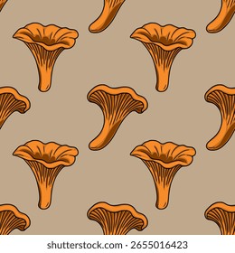 Seamless vector pattern of hand-drawn chanterelle mushrooms in orange and brown tones, featuring a unique, stylized illustration perfect for autumnal designs and textile prints.
