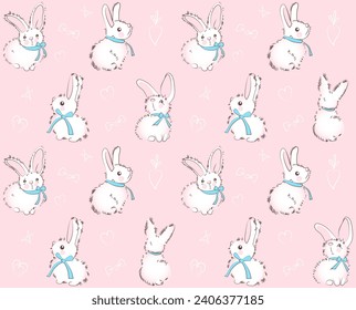 Seamless vector pattern with hand-drawn characters of cute white bunnies from different angles with a blue ribbon and bow and white outlines of hearts, bows, stars, and carrots on a pink background.