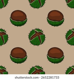 Padrão vetorial contínuo de ilustrações de castanha desenhadas à mão em tons marrons e verdes, apresentando castanhas inteiras e abertas com cascas pontiagudas, criando um design rústico no outono.