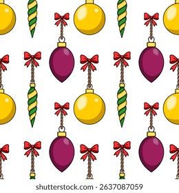 Seamless vector pattern with hand-drawn Christmas ornaments: golden and purple baubles hanging on twisted cords with red bows and green-yellow spiral decorations.