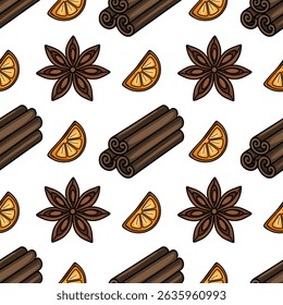 Seamless vector pattern of hand-drawn cinnamon sticks, star anise, and orange slices, ideal for festive winter designs and holiday packaging.