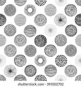 Seamless vector pattern with hand-drawn circles texture, abstraction illustration of black silhouette on white background.