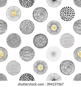 Seamless vector pattern with hand-drawn circles texture and golden foil, abstraction illustration of black silhouette on white background.