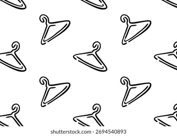 Seamless vector pattern with hand-drawn clothes hangers in doodle style. Minimalistic black design perfect for fabric, fashion branding, laundry themes, wrapping paper, and textile backgrounds.