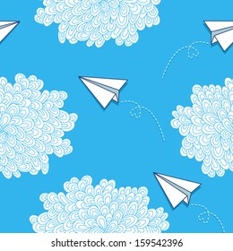 Seamless vector pattern with hand-drawn clouds and paper airplanes. 