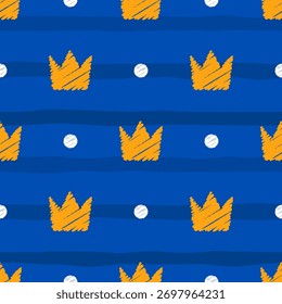 Padrão de vetor sem emenda com uma coroa de lápis de cera desenhada à mão. Perfeito para têxteis infantis, artigos de papelaria, envoltório de presente e embalagens divertidas.