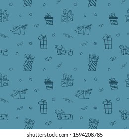 Seamless vector pattern of hand-drawn cute gifts. Doodle style illustration.For the design of gifts, backgrounds, wrappers, cards.