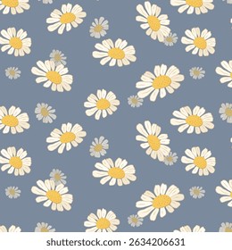 Seamless vector pattern with hand-drawn daisies on a muted blue background. Ideal for fabric, wallpaper, packaging, children’s products, stationery, wrapping paper, or seasonal floral design projects.