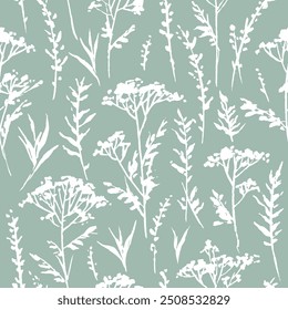 Seamless vector pattern with hand-drawn different herbaceous plants on a light green background.