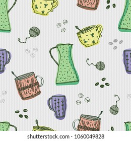 Seamless vector pattern with hand-drawn doodle kitchen coffee and tea elements on grey background