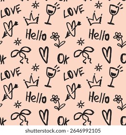Seamless vector pattern with hand-drawn doodle elements: “hello”, “OK”, “love”, crown, wine glass, bow, heart, and flower. Fun and modern sketch style. Great for print and digital use