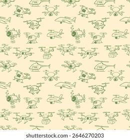 Seamless vector pattern of hand-drawn drones in a playful sketch style. Can be used for wallpaper, pattern fills, textile, web page background, surface textures.