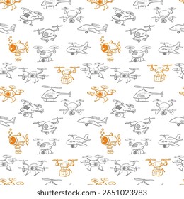 Seamless vector pattern of hand-drawn drones in a playful sketch style. Can be used for wallpaper, pattern fills, textile, web page background, surface textures.