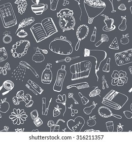 Seamless vector pattern with hand-drawn elements of sport, fashion, beauty and feminine accessories