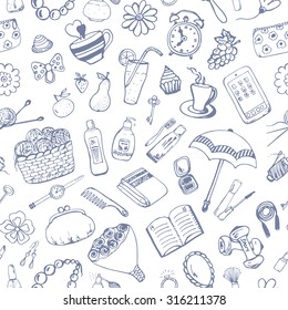 Seamless vector pattern with hand-drawn elements of sport, fashion, beauty and feminine accessories