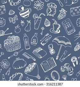 Seamless vector pattern with hand-drawn elements of sport, fashion, beauty and feminine accessories