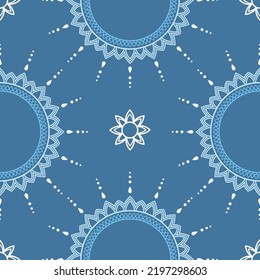 Seamless Vector Pattern With Handdrawn Flower Mandala Line Art. Isolated On A Softblue Background. Perfect For Printing On Fabric Or Paper.