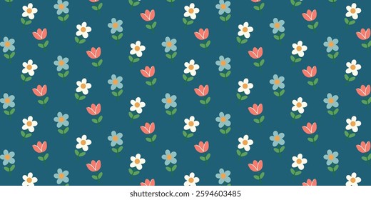 A seamless vector pattern with hand-drawn flowers on a transparent background. The background color can be changed. Ideal for textiles, wallpapers, wrapping paper, and stationery.