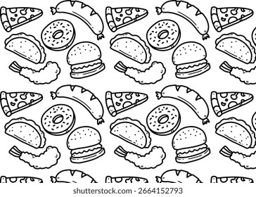 Padrão de vetor contínuo com rabiscos de alimentos desenhados à mão, incluindo ilustrações de pão, pizza e bolo