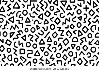 Seamless vector pattern with hand-drawn geometric shapes including circles, triangles, zigzags, squares, and lines in a Memphis style, using bold black lines on a white background for modern playful