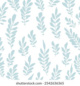 
Seamless vector pattern with hand-drawn gray-blue leaves of different shapes on a white background.