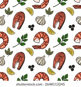 Padrão de vetor sem costura de camarão grelhado desenhado à mão, bifes de salmão, fatias de limão, alho, salsa e grãos de pimenta, criando uma ilustração culinária vibrante.