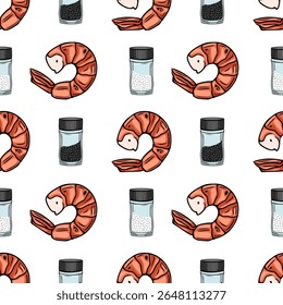 Seamless vector pattern of hand-drawn grilled shrimps and spices in glass jars, featuring a vibrant color palette and a playful, appetizing style, perfect for food packaging or culinary designs.