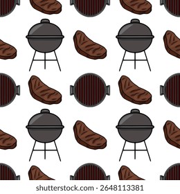 Seamless vector pattern of hand-drawn grilled steaks and charcoal grills, featuring a unique cartoon style with dark brown steaks and gray metal grills against a white background, ideal for BBQ-the...