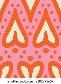 Seamless vector pattern with handdrawn hearts with retro pink outlines and beige filling on a happy bright pink background with vintage orange dots