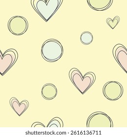 Seamless vector pattern with hand-drawn hearts and circles in pastel blue, purple, and pink on a soft yellow background. Ideal for baby products, Valentine's designs, textiles, and playful decor.