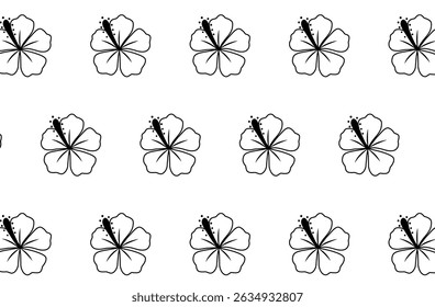 Padrão de vetor sem costura com flores de hibisco desenhadas à mão em estilo de contorno preto e branco. Ideal para impressões têxteis tropicais, embalagem, papel de parede, marca e projetos de superfície com tema de verão.