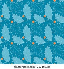 Seamless vector pattern with hand-drawn holly leaves and berries in blue and orange colors.