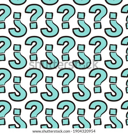Seamless vector pattern of hand-drawn icons. Cartoon background with blue question marks. Vector illustration for help banner design, web design, covers and backdrops.