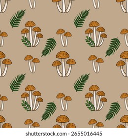 Padrão de vetor sem costura com ilustração desenhada à mão de aglomerados de cogumelos marrons e folhas de samambaia em um fundo bege, criando um motivo encantador de floresta outonal.