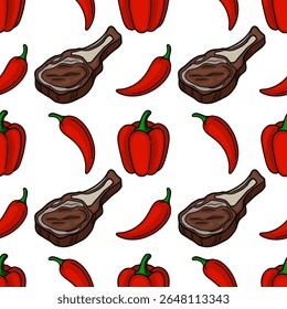 Seamless vector pattern with hand-drawn illustrations of grilled steak, red bell peppers, and chili peppers, creating a vibrant and spicy culinary design.