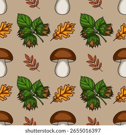 Padrão de vetor sem costura com ilustrações feitas à mão de cogumelos, avelãs, folhas de carvalho e ramos de outono em um fundo bege, criando um design de outono encantador.