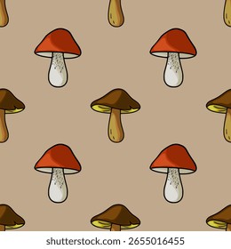 Padrão de vetor sem costura com ilustrações desenhadas à mão de cogumelos vermelhos e marrons em um fundo bege, criando um design de outono encantador.