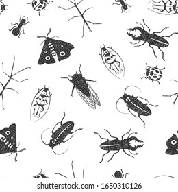 Seamless vector pattern with hand-drawn insects in black and white. Ladybug, cicada, stick insect, ant, rhinoceros beetle, moth.  For wrapping paper, fabric, textile, wallpaper, background
