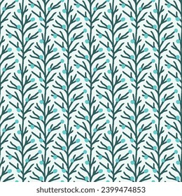 Seamless vector pattern with hand-drawn juniper sprigs with berries on a light green background. Festive holiday botanical design for fabric, wallpaper, wrapping paper, digital scrapbooking.